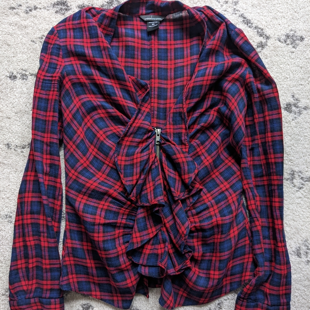 Moda International Red and Blue Plaid Ruffle Blouse
